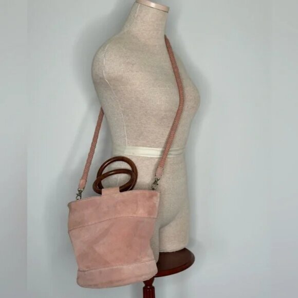 Lucky Brand Rose Colored Suede Leather Crossbody Bucket Bag with Wooden Handles - Picture 3 of 11